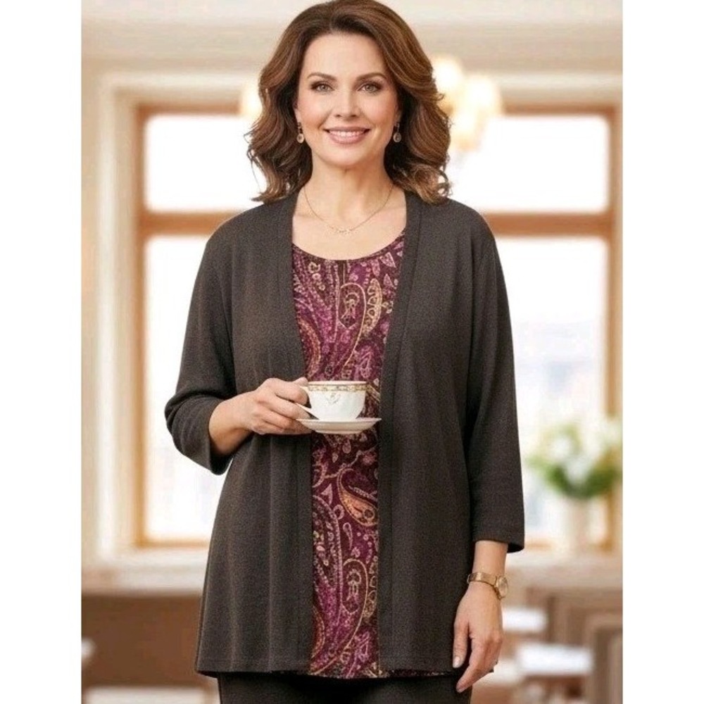 Studio 1940 Twinset Top Womens Sz 18/20 Brown Paisley Print Cardigan Grandmacore